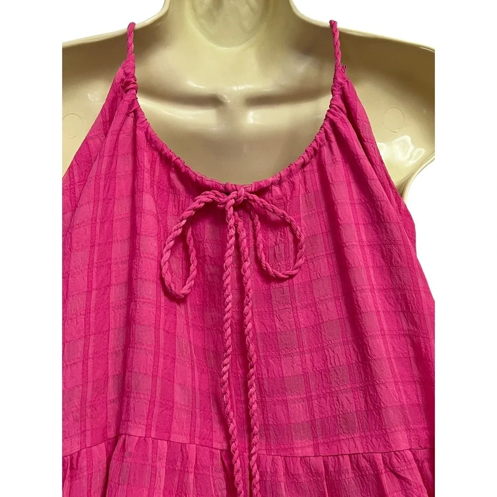 Gilli Tiered Halter Mini Dress Womens Large Pink Plaid Braided Straps Boho Girly
